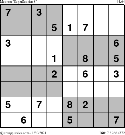 The grouppuzzles.com Medium SuperSudoku-8 puzzle for Saturday January 30, 2021