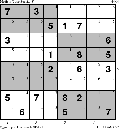 The grouppuzzles.com Medium SuperSudoku-8 puzzle for Saturday January 30, 2021, suitable for printing, with all 7 steps marked