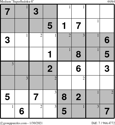 The grouppuzzles.com Medium SuperSudoku-8 puzzle for Saturday January 30, 2021 with the first 3 steps marked