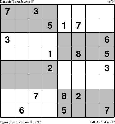 The grouppuzzles.com Difficult SuperSudoku-8 puzzle for Saturday January 30, 2021