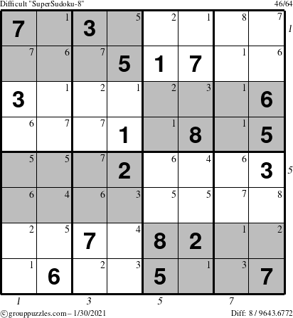 The grouppuzzles.com Difficult SuperSudoku-8 puzzle for Saturday January 30, 2021 with all 8 steps marked