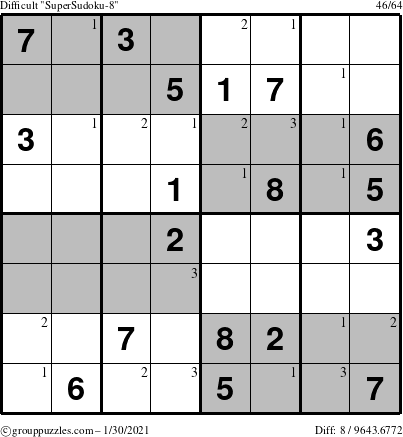 The grouppuzzles.com Difficult SuperSudoku-8 puzzle for Saturday January 30, 2021 with the first 3 steps marked