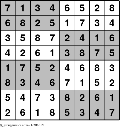 The grouppuzzles.com Answer grid for the SuperSudoku-8 puzzle for Saturday January 30, 2021