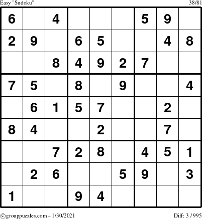 The grouppuzzles.com Easy Sudoku puzzle for Saturday January 30, 2021