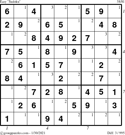 The grouppuzzles.com Easy Sudoku puzzle for Saturday January 30, 2021 with all 3 steps marked