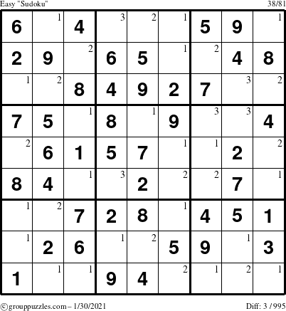 The grouppuzzles.com Easy Sudoku puzzle for Saturday January 30, 2021 with the first 3 steps marked