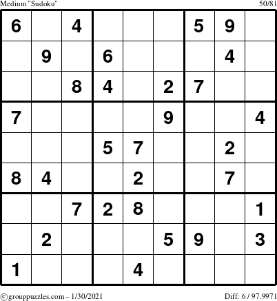 The grouppuzzles.com Medium Sudoku puzzle for Saturday January 30, 2021