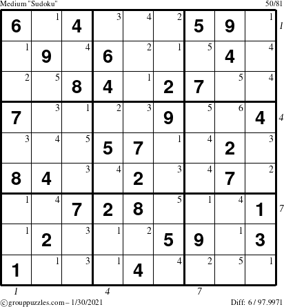 The grouppuzzles.com Medium Sudoku puzzle for Saturday January 30, 2021 with all 6 steps marked