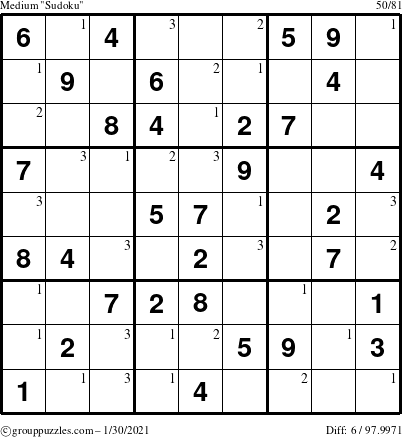 The grouppuzzles.com Medium Sudoku puzzle for Saturday January 30, 2021 with the first 3 steps marked