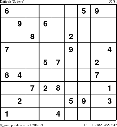 The grouppuzzles.com Difficult Sudoku puzzle for Saturday January 30, 2021