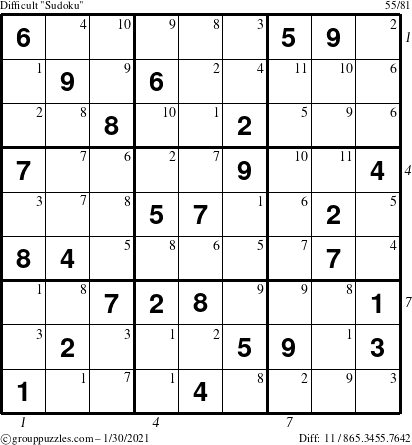 The grouppuzzles.com Difficult Sudoku puzzle for Saturday January 30, 2021 with all 11 steps marked