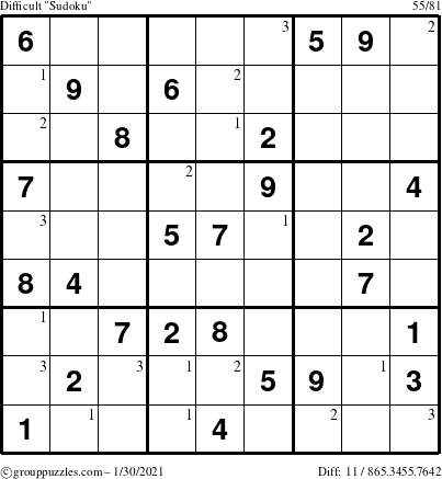 The grouppuzzles.com Difficult Sudoku puzzle for Saturday January 30, 2021 with the first 3 steps marked