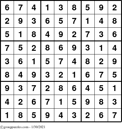 The grouppuzzles.com Answer grid for the Sudoku puzzle for Saturday January 30, 2021