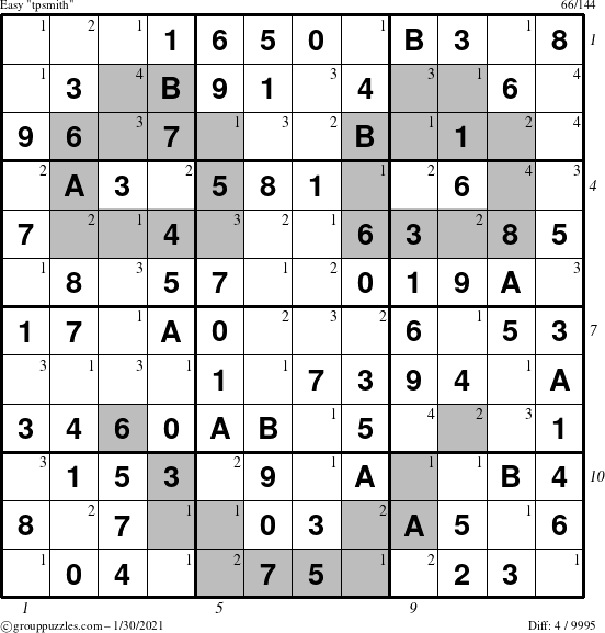 The grouppuzzles.com Easy tpsmith puzzle for Saturday January 30, 2021 with all 4 steps marked