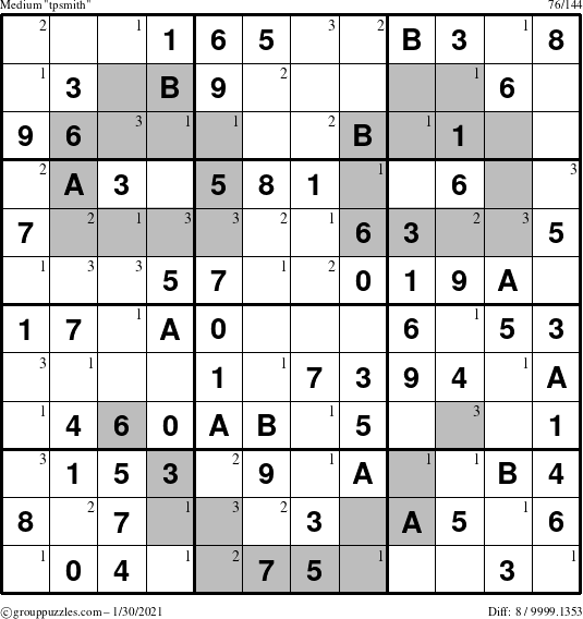 The grouppuzzles.com Medium tpsmith puzzle for Saturday January 30, 2021 with the first 3 steps marked