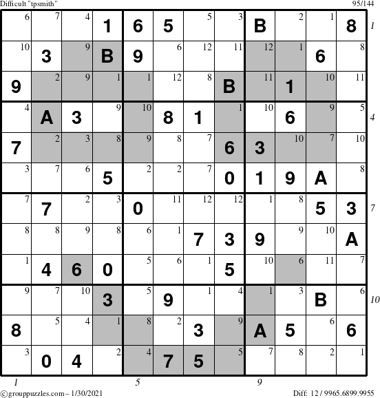 The grouppuzzles.com Difficult tpsmith puzzle for Saturday January 30, 2021 with all 12 steps marked