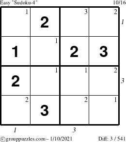 The grouppuzzles.com Easy Sudoku-4 puzzle for Sunday January 10, 2021, suitable for printing, with all 3 steps marked