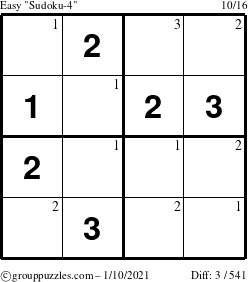 The grouppuzzles.com Easy Sudoku-4 puzzle for Sunday January 10, 2021 with the first 3 steps marked