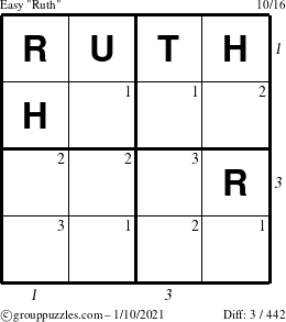 The grouppuzzles.com Easy Ruth puzzle for Sunday January 10, 2021 with all 3 steps marked