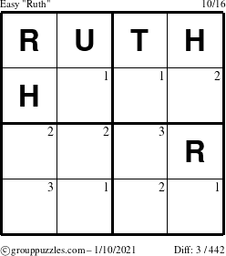 The grouppuzzles.com Easy Ruth puzzle for Sunday January 10, 2021 with the first 3 steps marked