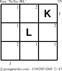 The grouppuzzles.com Easy TicTac-JKL puzzle for Sunday January 10, 2021 with all 2 steps marked