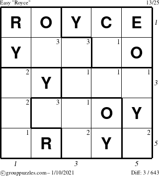 The grouppuzzles.com Easy Royce puzzle for Sunday January 10, 2021 with all 3 steps marked