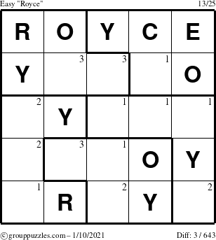 The grouppuzzles.com Easy Royce puzzle for Sunday January 10, 2021 with the first 3 steps marked