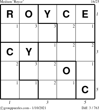 The grouppuzzles.com Medium Royce puzzle for Sunday January 10, 2021 with all 3 steps marked