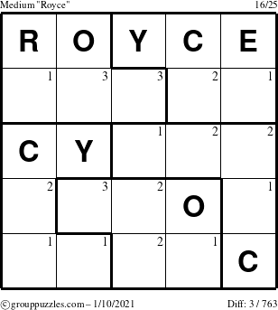 The grouppuzzles.com Medium Royce puzzle for Sunday January 10, 2021 with the first 3 steps marked