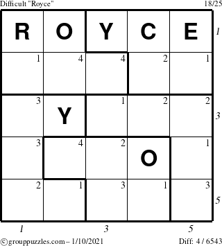 The grouppuzzles.com Difficult Royce puzzle for Sunday January 10, 2021, suitable for printing, with all 4 steps marked