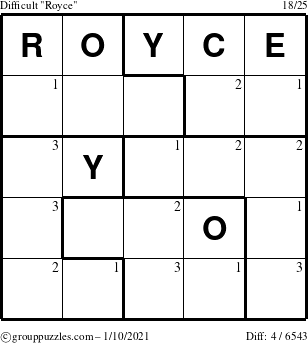 The grouppuzzles.com Difficult Royce puzzle for Sunday January 10, 2021 with the first 3 steps marked