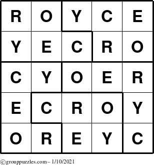 The grouppuzzles.com Answer grid for the Royce puzzle for Sunday January 10, 2021