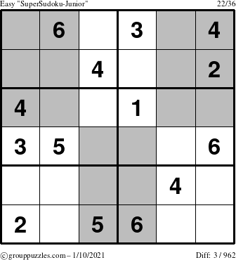 The grouppuzzles.com Easy SuperSudoku-Junior puzzle for Sunday January 10, 2021