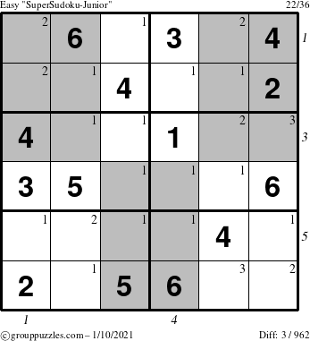 The grouppuzzles.com Easy SuperSudoku-Junior puzzle for Sunday January 10, 2021 with all 3 steps marked