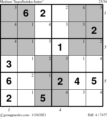 The grouppuzzles.com Medium SuperSudoku-Junior puzzle for Sunday January 10, 2021 with all 4 steps marked