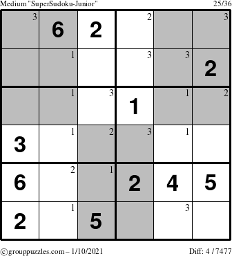 The grouppuzzles.com Medium SuperSudoku-Junior puzzle for Sunday January 10, 2021 with the first 3 steps marked