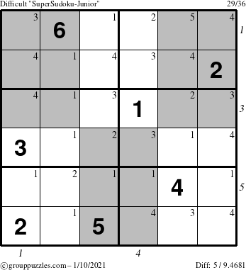 The grouppuzzles.com Difficult SuperSudoku-Junior puzzle for Sunday January 10, 2021 with all 5 steps marked