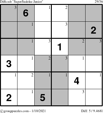 The grouppuzzles.com Difficult SuperSudoku-Junior puzzle for Sunday January 10, 2021 with the first 3 steps marked