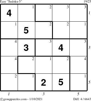 The grouppuzzles.com Easy Sudoku-5 puzzle for Sunday January 10, 2021, suitable for printing, with all 4 steps marked