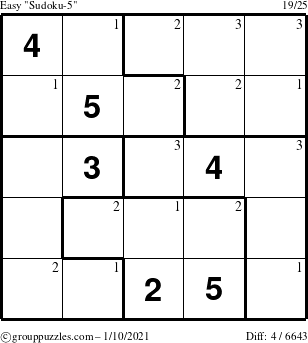 The grouppuzzles.com Easy Sudoku-5 puzzle for Sunday January 10, 2021 with the first 3 steps marked