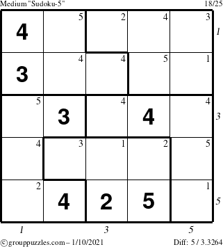 The grouppuzzles.com Medium Sudoku-5 puzzle for Sunday January 10, 2021, suitable for printing, with all 5 steps marked