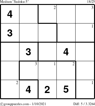 The grouppuzzles.com Medium Sudoku-5 puzzle for Sunday January 10, 2021 with the first 3 steps marked