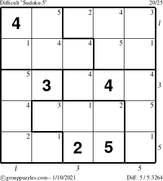 The grouppuzzles.com Difficult Sudoku-5 puzzle for Sunday January 10, 2021 with all 5 steps marked