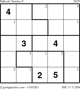 The grouppuzzles.com Difficult Sudoku-5 puzzle for Sunday January 10, 2021 with the first 3 steps marked