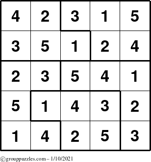 The grouppuzzles.com Answer grid for the Sudoku-5 puzzle for Sunday January 10, 2021