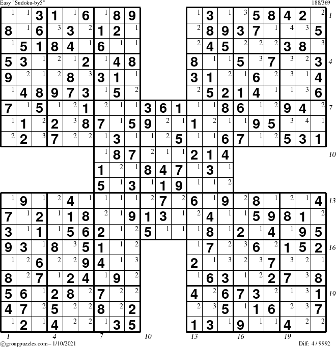 The grouppuzzles.com Easy Sudoku-by5 puzzle for Sunday January 10, 2021 with all 4 steps marked