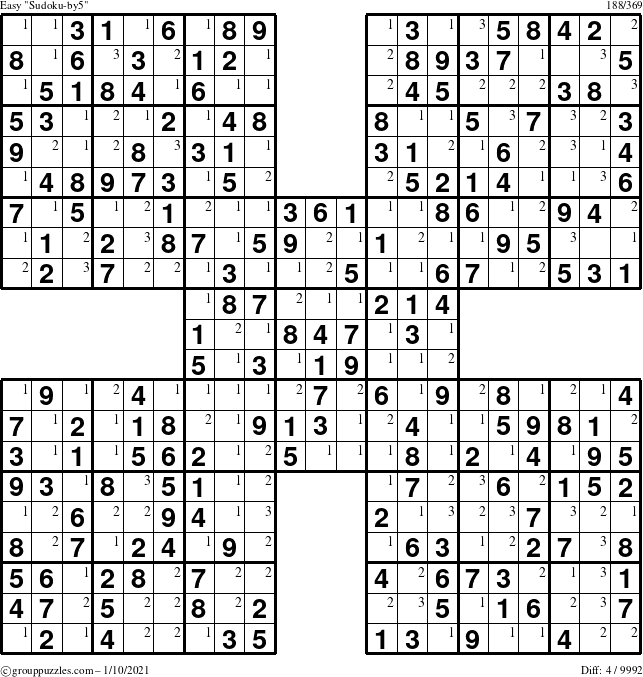 The grouppuzzles.com Easy Sudoku-by5 puzzle for Sunday January 10, 2021 with the first 3 steps marked