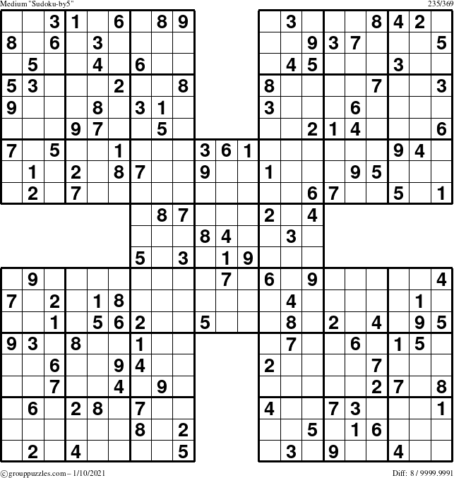 The grouppuzzles.com Medium Sudoku-by5 puzzle for Sunday January 10, 2021