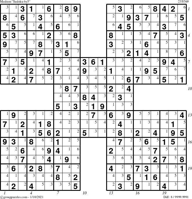 The grouppuzzles.com Medium Sudoku-by5 puzzle for Sunday January 10, 2021 with all 8 steps marked