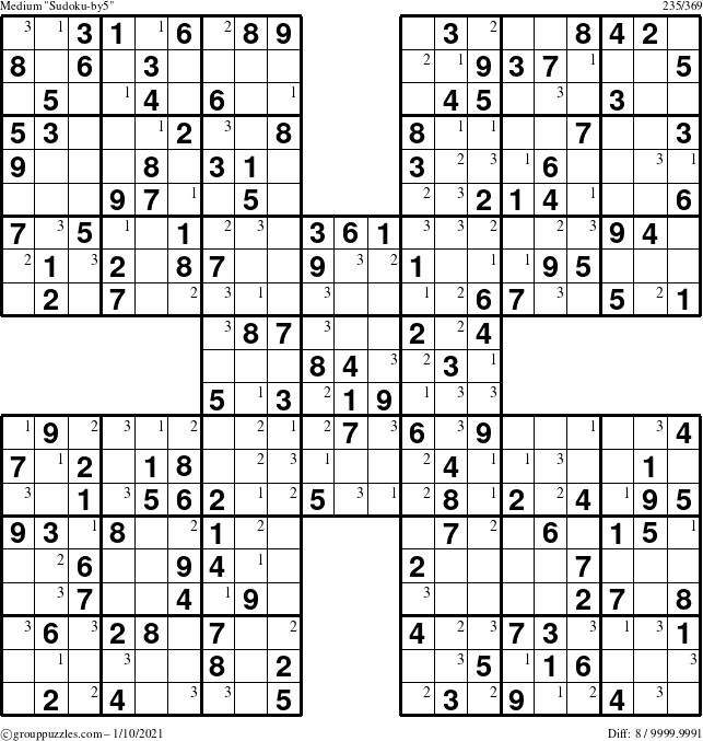 The grouppuzzles.com Medium Sudoku-by5 puzzle for Sunday January 10, 2021 with the first 3 steps marked